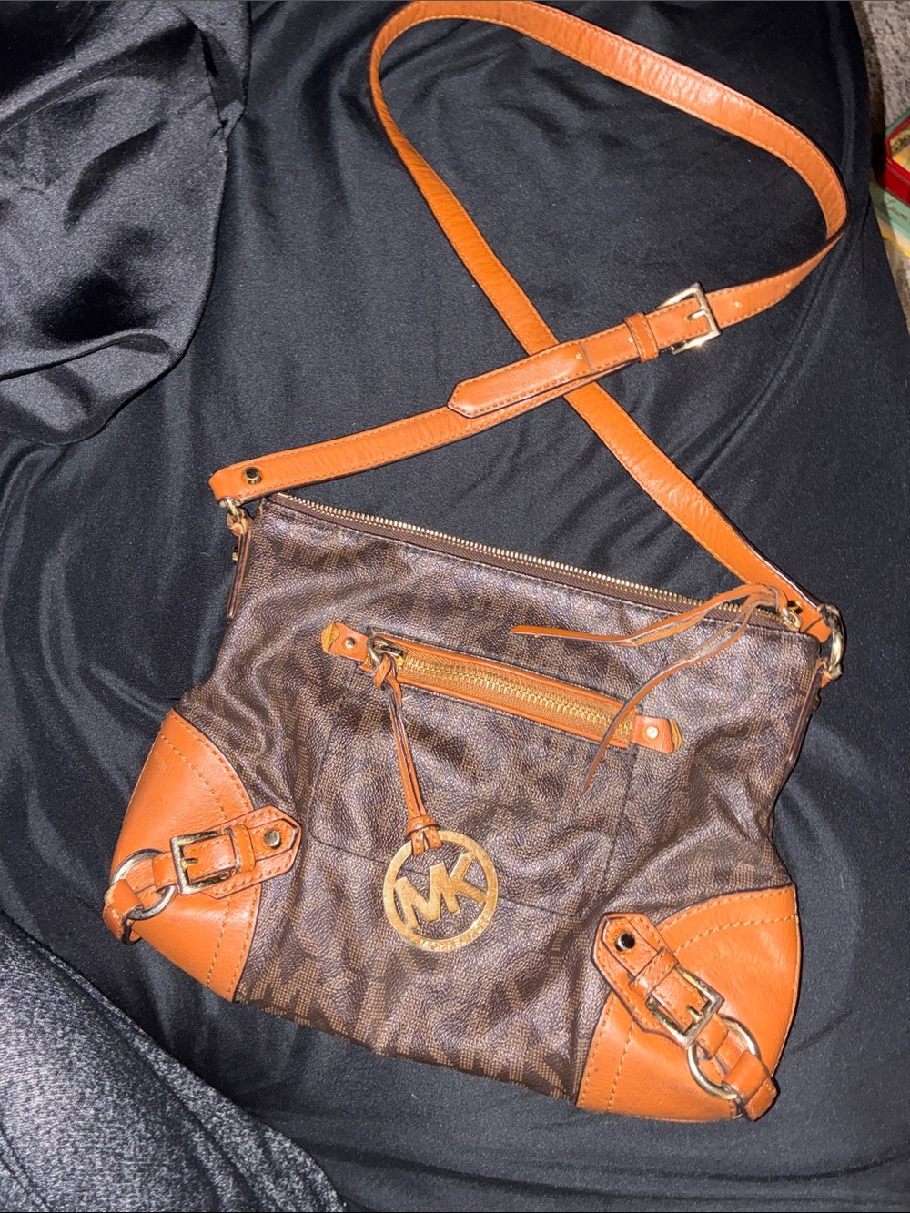 Michael Kors Brown & Tan Signature Crossbody with Gold MK Charm